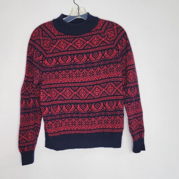J. Crew Cheerful Fair Isle Sweater Mock Neck Red Birds Snowflakes Women Small - Picture 8 of 13